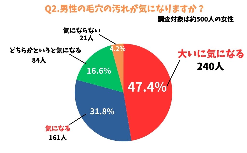 きびだんご会社「約500人の女声に聞いた男性のお肌に関する赤裸々な意見」質問「男性の毛穴の汚れが気になりますか？」大いに気になる；240人（47.4%）気になる；161人（31.8%）どちらかというと気になる；84人（16.6%）気にならない；21人（4.2%）